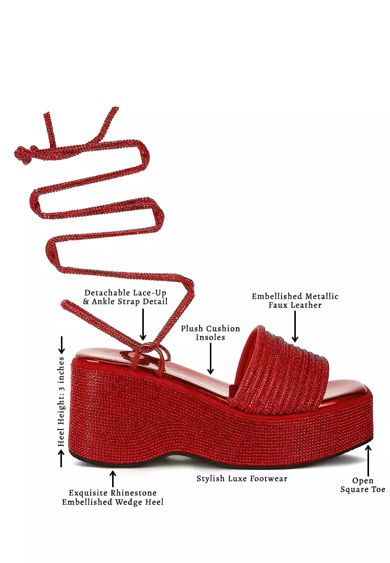 Red Rhinestone Embellished Lace-Up Sandals