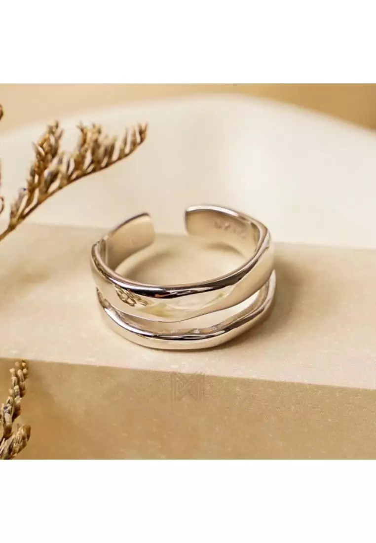 Millennia 2000 Double Line Stackable White Gold Ring with 925 Sterling Silver