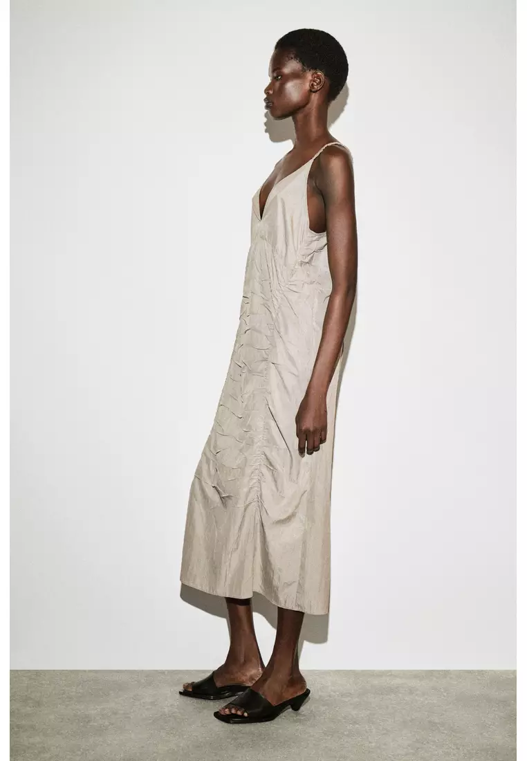 GATHERED SILK-NYLON SLIP DRESS