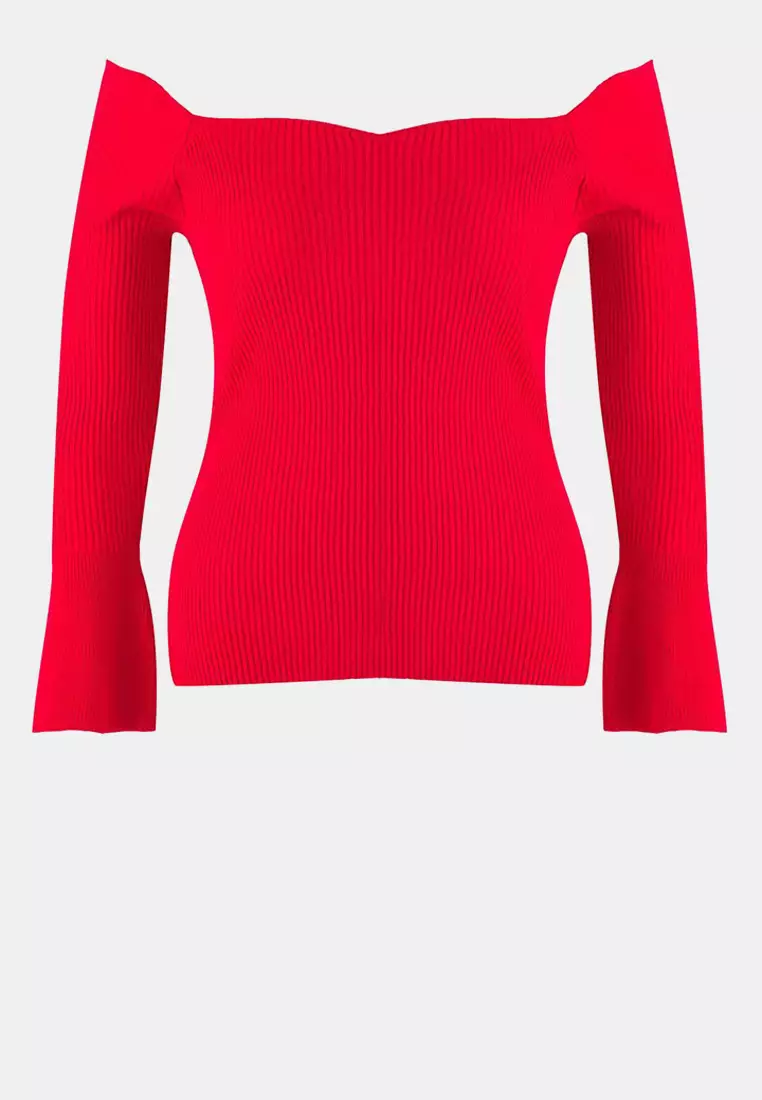 Red Ribbed Carmen Collar Knitwear Sweater Tbbaw26An00031