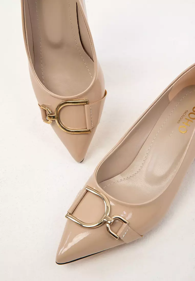 Asymmetric Buckle Low Chunk Heels