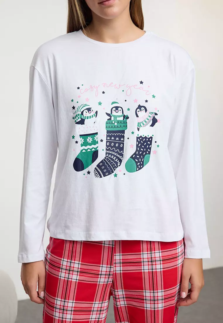 White-Multicolored 100% Cotton Winter Themed Plaid Knitted Pajama Set THMAW25PT00121