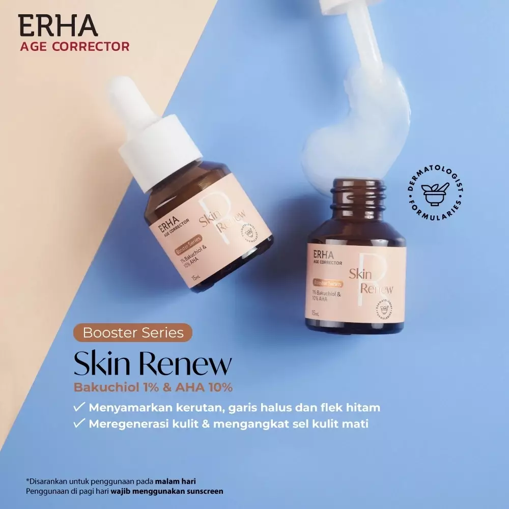Erha Age Corrector Skin Renew Booster 15ml - 1% Bakuchiol & 10% AHA Booster Anti Aging | Alternatif Vegan Retinol | Meregerenasi Meremajakan Kulit | Menyamarkan Tanda Penuaan | Mencerahkan | Kolagen | Gentle untuk Kulit Sensitif