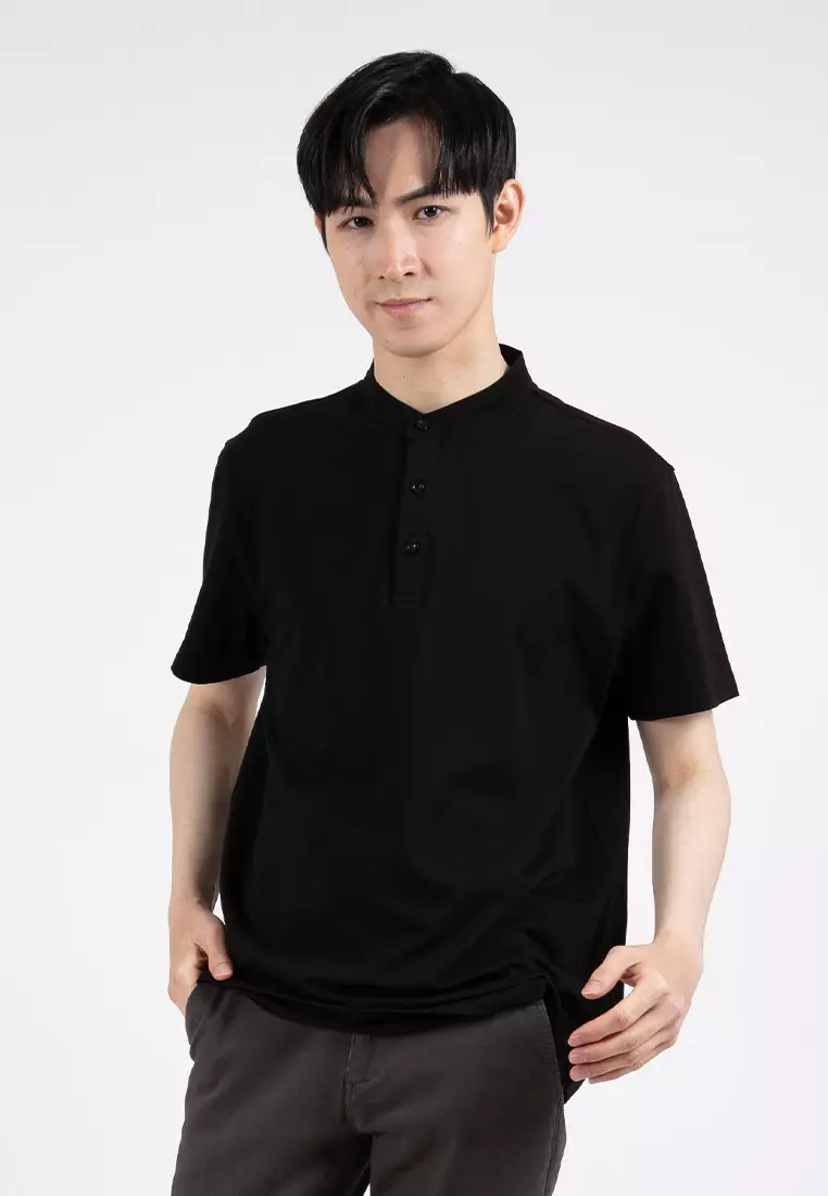 Forest Premium Weight Cotton Stretchable Mandarin Collar T Shirt Men Slim Fit Tee | 23856-01Black