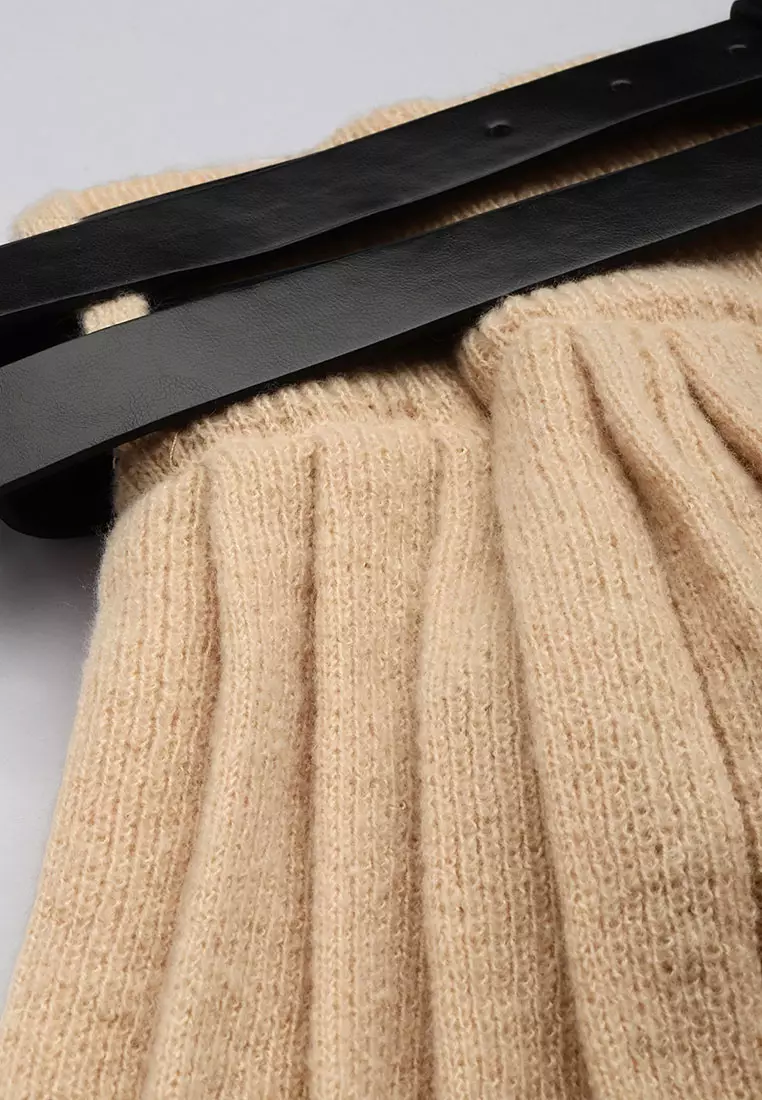 卡其色雙腰帶百褶裙