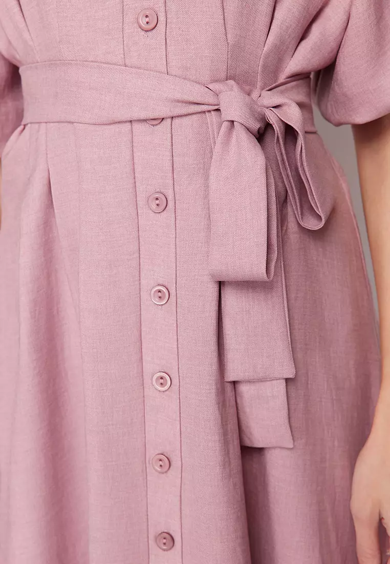 Pink Belted Half Balloon Sleeve Linen Look Woven Shirt Dress Tctss24Eb00014
