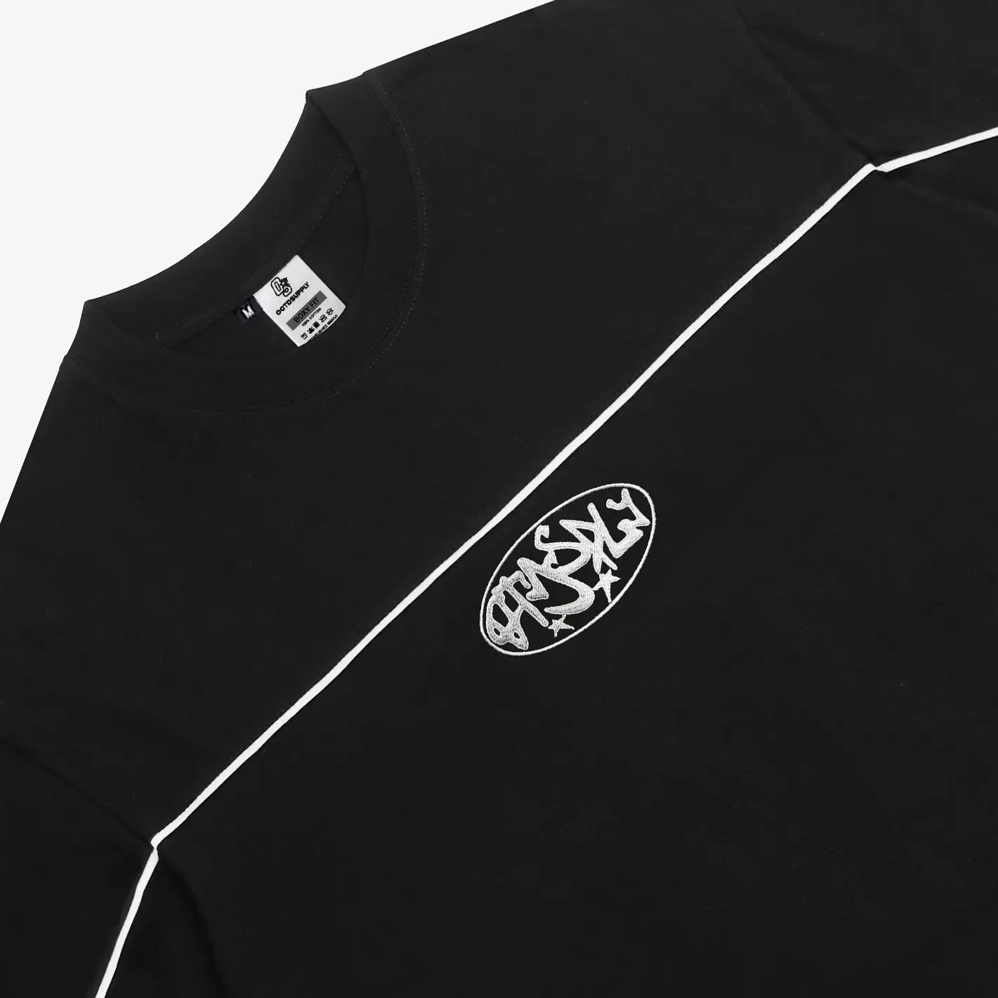OOTDSUPPLY Oversize Boxy Cutline Circle Embroidery Black & White l Tshirt Boxyfit l Kaos Boxy | Atasan Boxy | OVZ-BX-CE