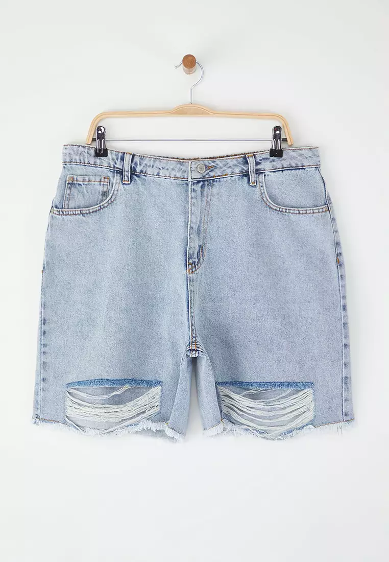 Blue Ripped High Waist Plus Size Denim Shorts TBBSS25AP00034