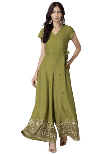Indya green Olive Green Geo Printed Jumpsuit AE932AAB37A511GS_1