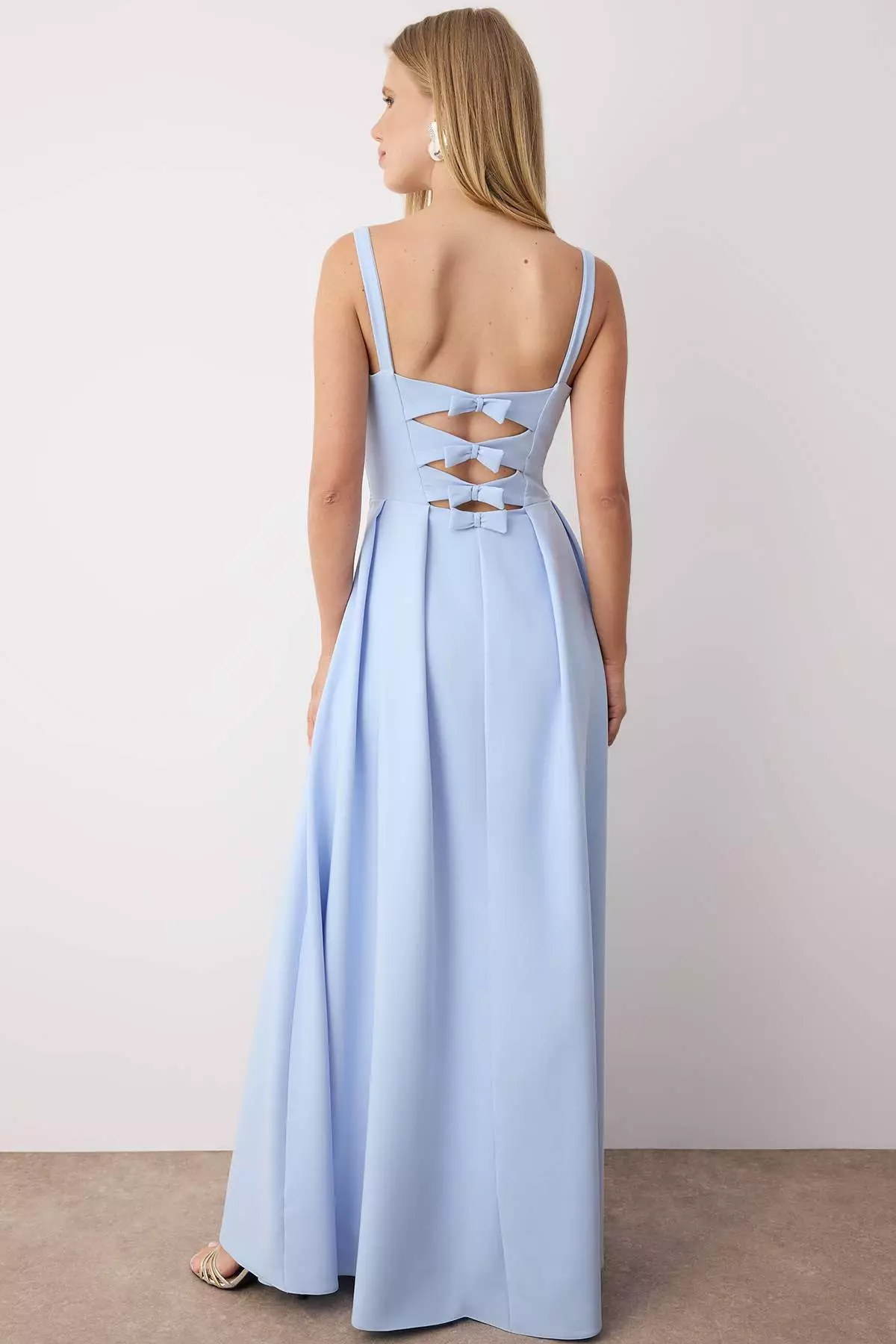 Light Blue A Line Back Bow Detail Long Stylish Evening Dress