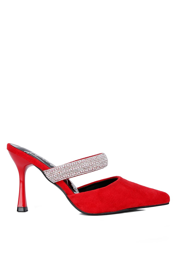 Red Diamante Strap Heeled Mules