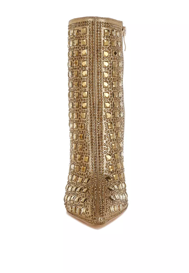 Pointed Toe Rhinestones Stiletto Boots in Gold