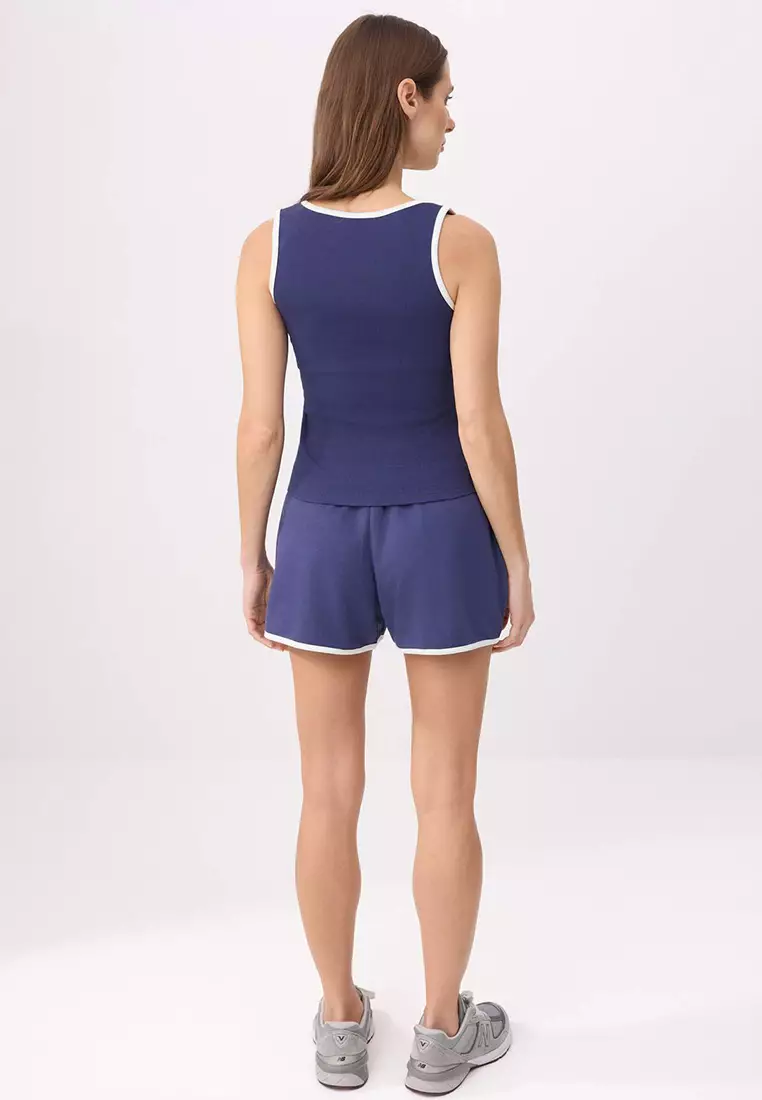 Navy Blue Ribbed Fitted/Fitted Fit Ribbed Stretch Knitted Top And Bottom Set With Pocket Detail Twoss26Au81