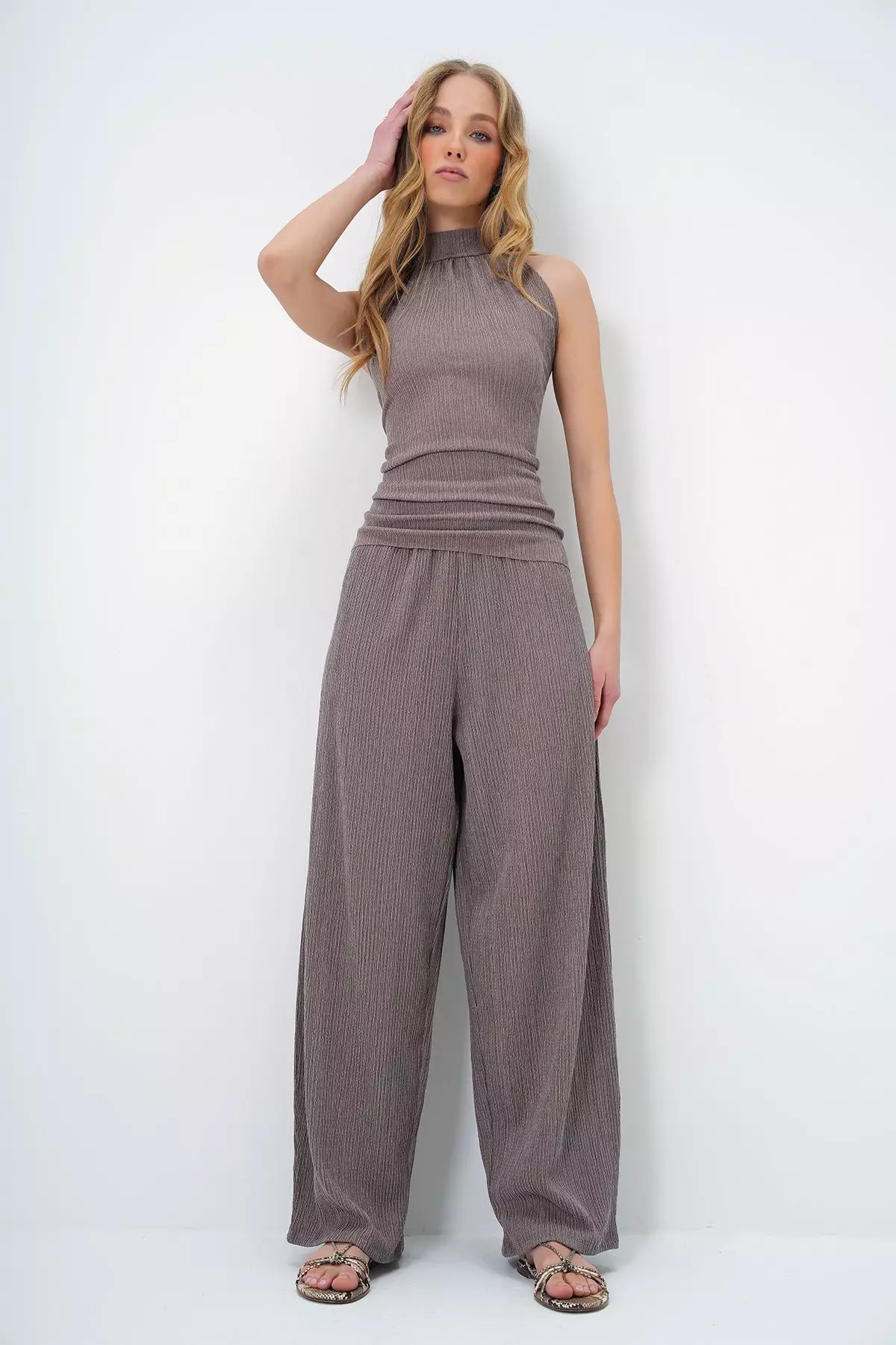 Women's Mink Textured Stand Collar Blouse and Trouser Set