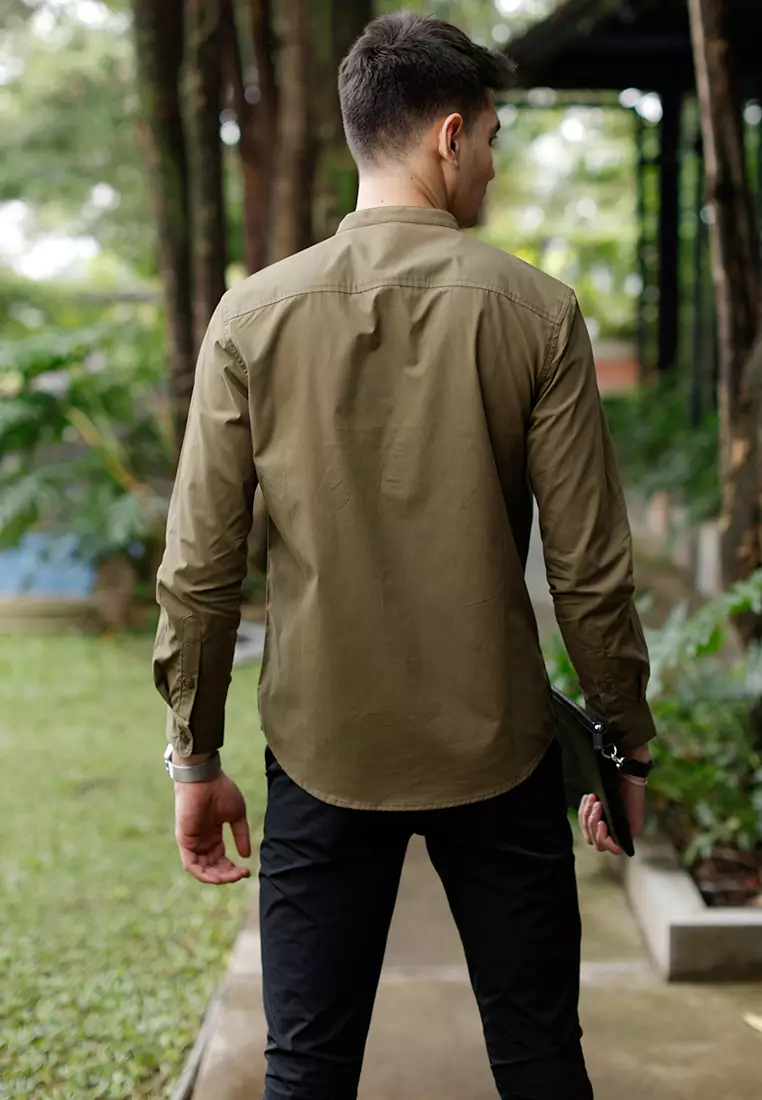 Oxcon Collarless Long Sleeve Business Shirt soft cotton Olive