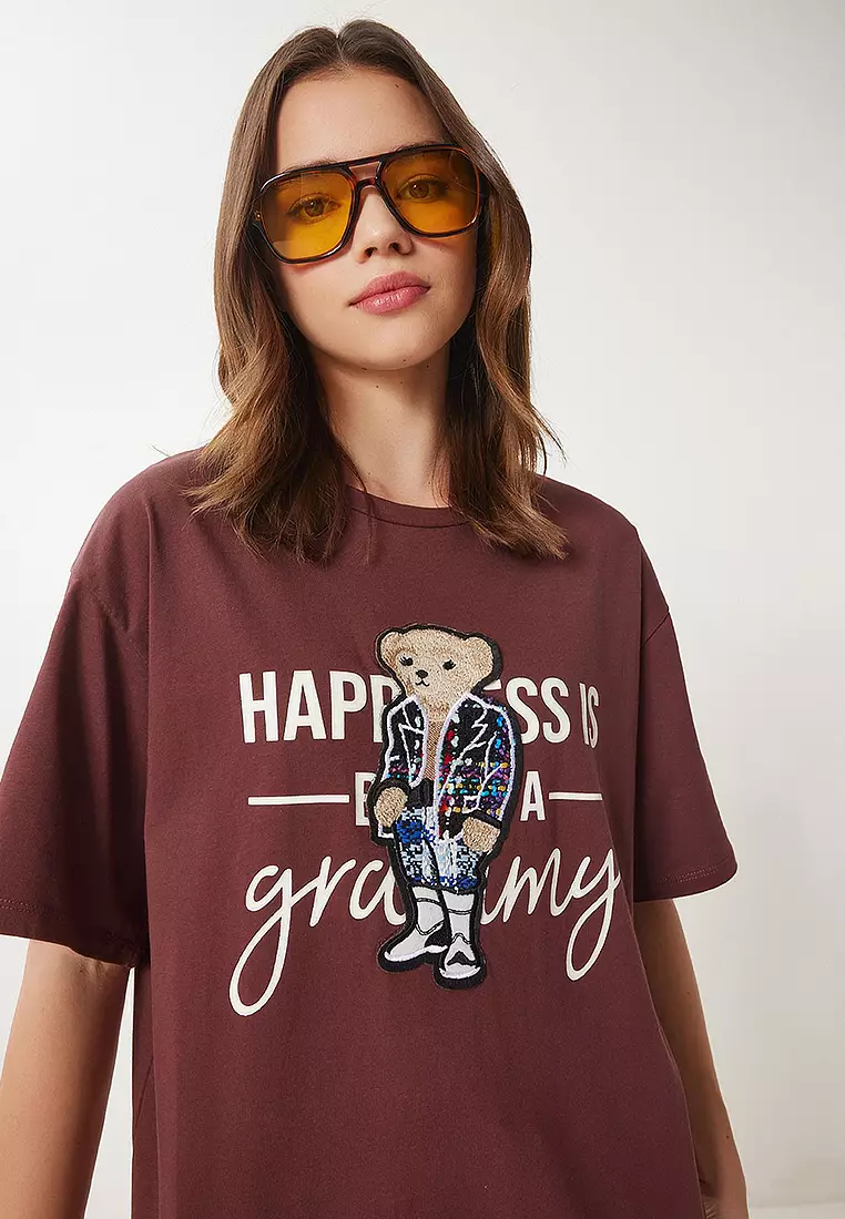 Teddy Bear Crest Cotton Oversize Knitted T-Shirt
