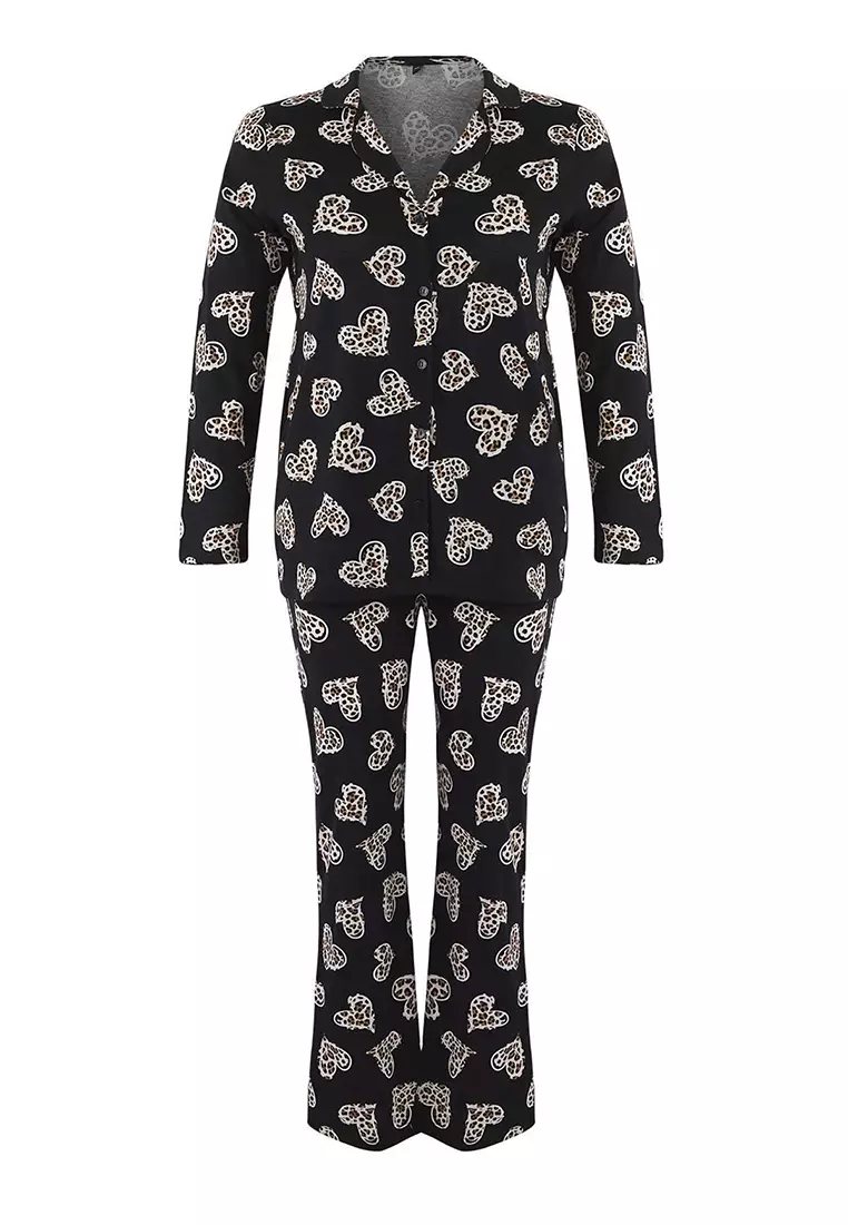 Black 100% Cotton Heart & Leopard Patterned Shirt-Pants Knitted Pajama Set Tbbaw26Ai00017