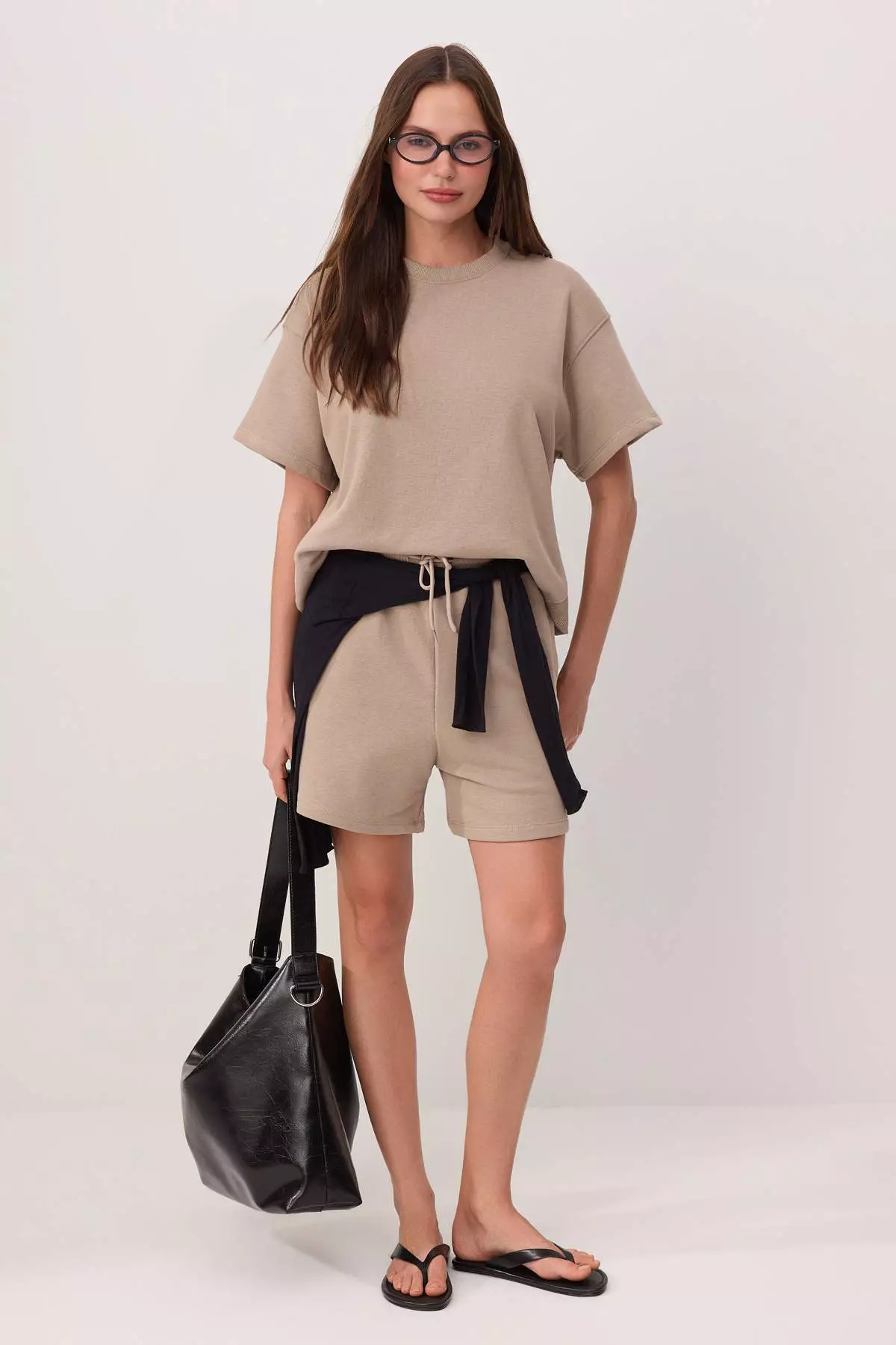 Mink Oversize Low Sleeve Short Sleeve 2 Thread Combed Cotton Knitted Bottom-Top Set Twoss26Au117