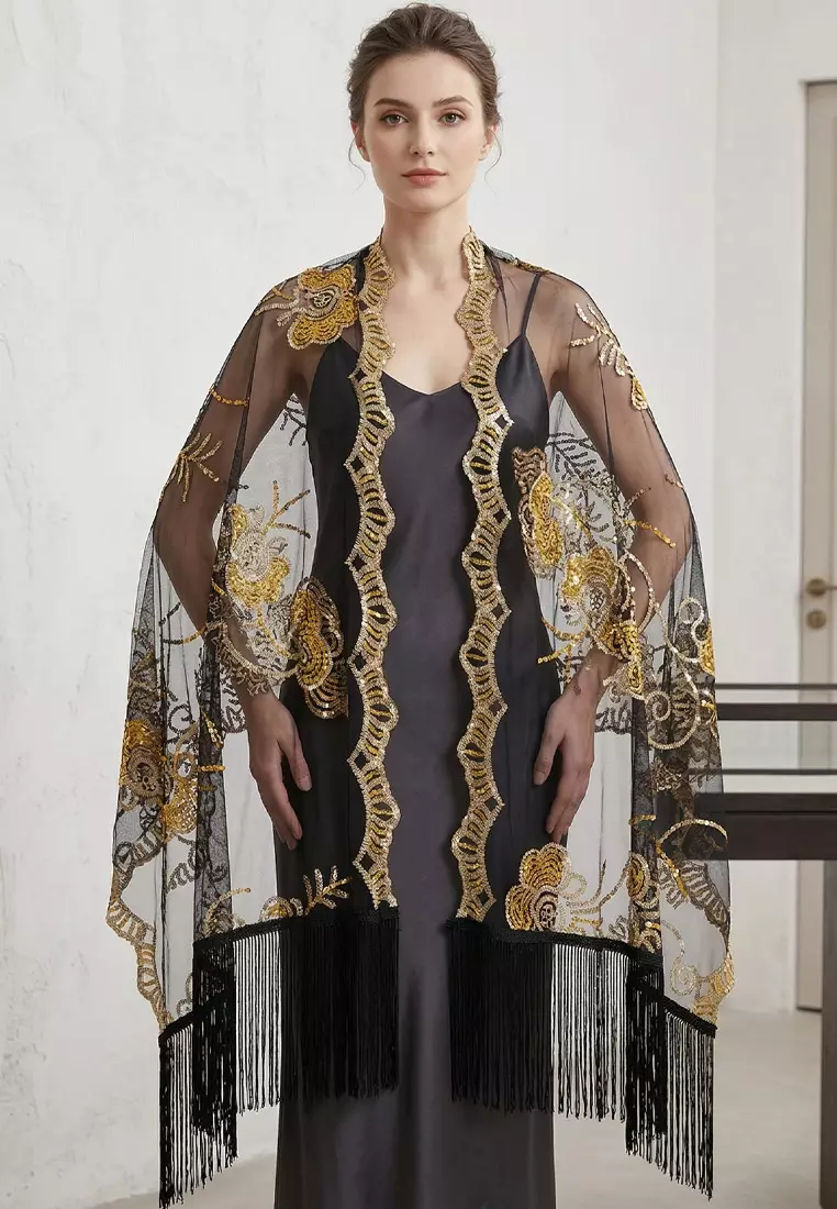 Aksesoris Wanita marigold Flower Sequinn Lace  Fringed Evening Shawl Syal Pesta Wanita Black & Gold