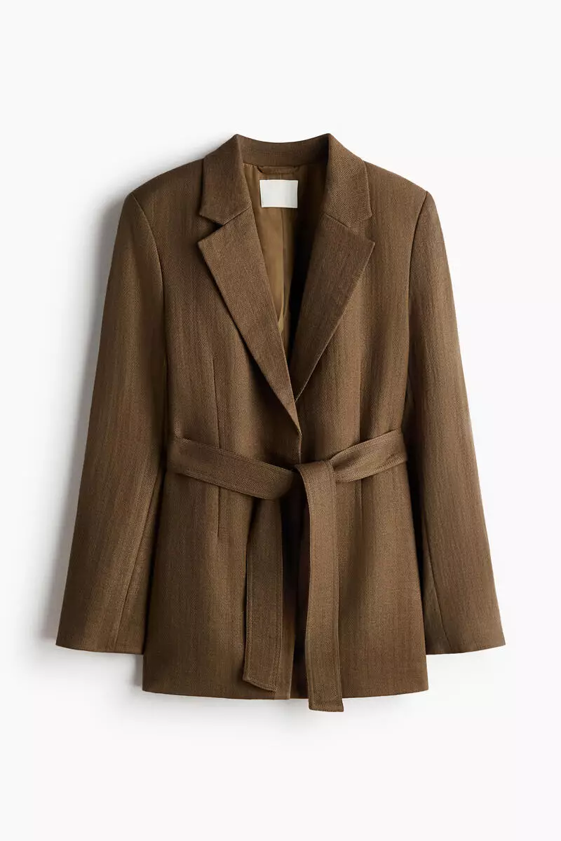 Textured-weave tie-belt blazer
