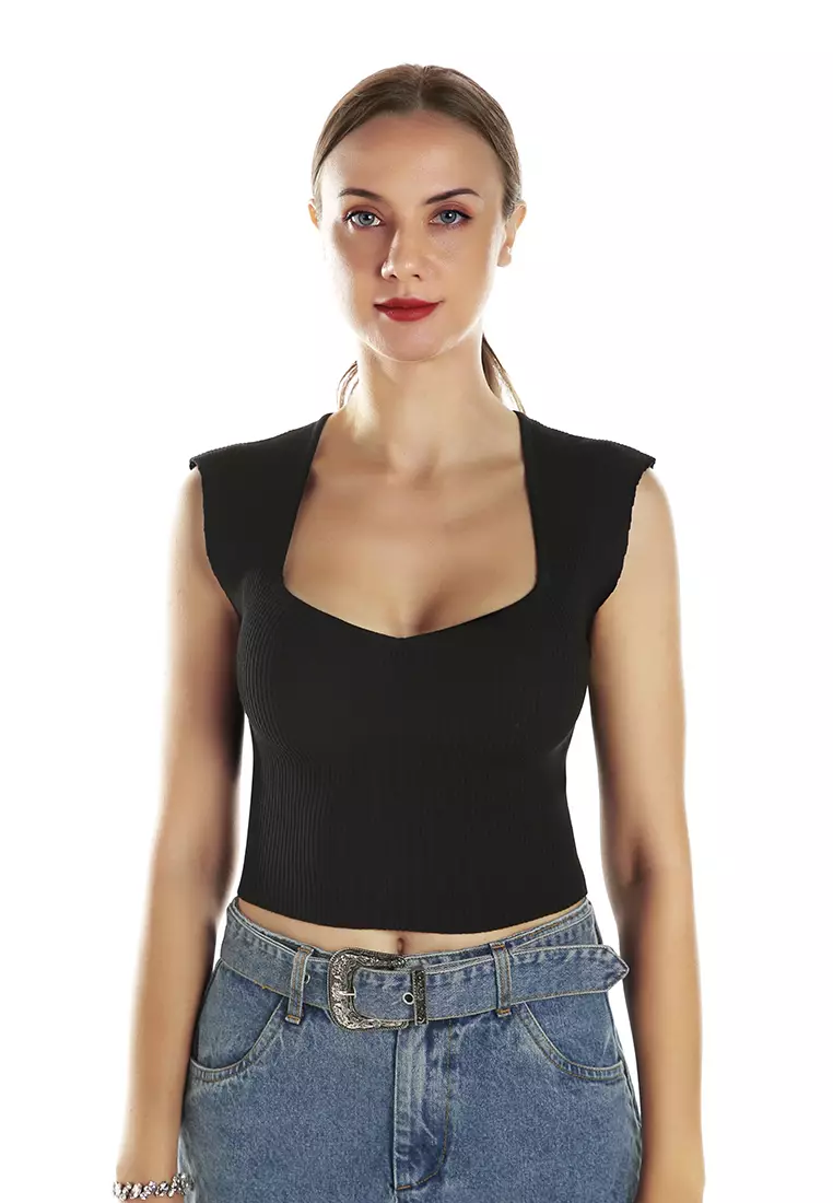 Square Neck Fitted Top In Black
