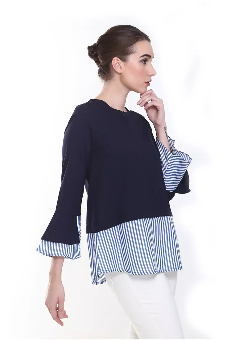 Zalia Top Plain Stripe Cotton Top in Dark Blue