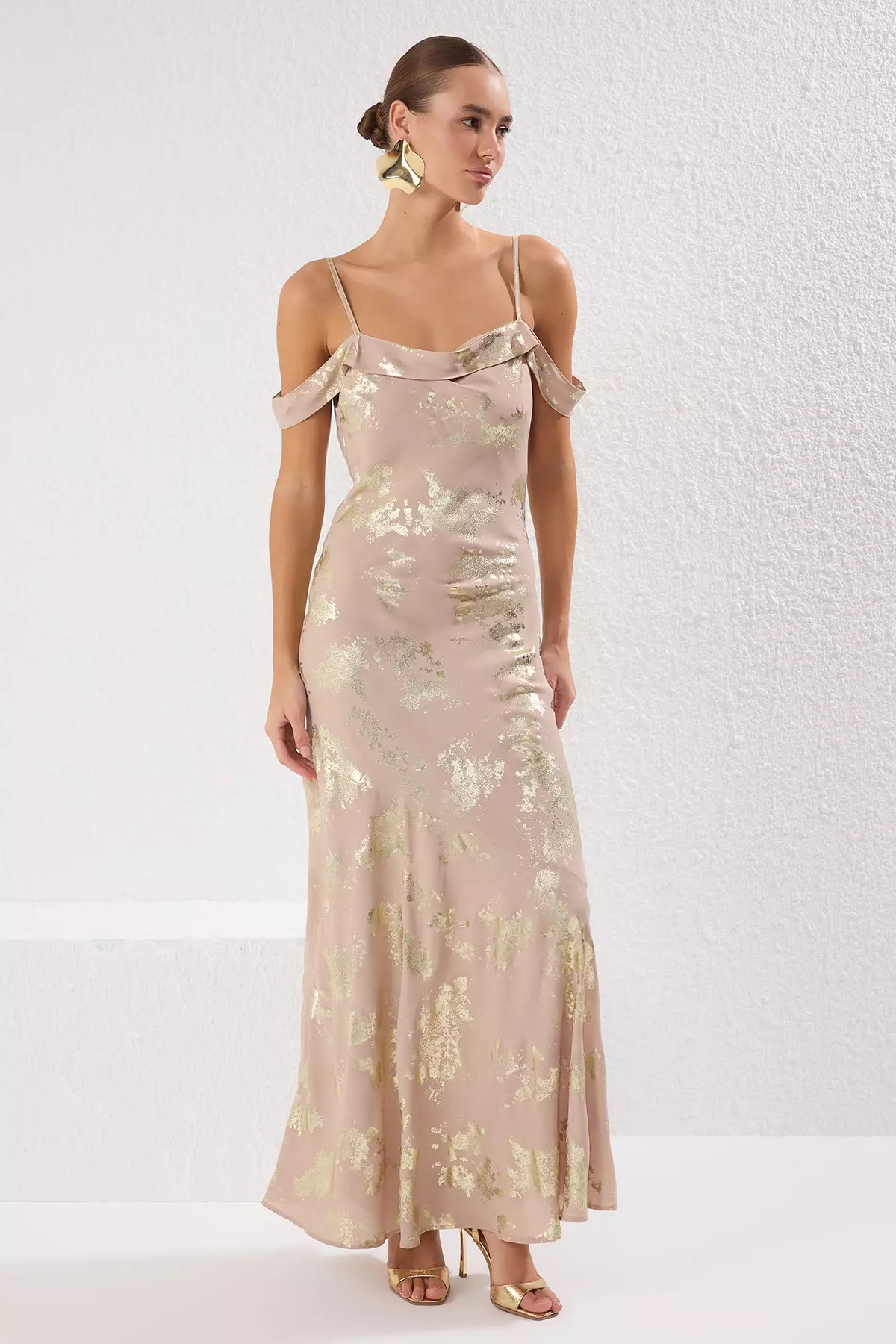 抽象印花拼接雪紡梭織長款優雅連身長裙