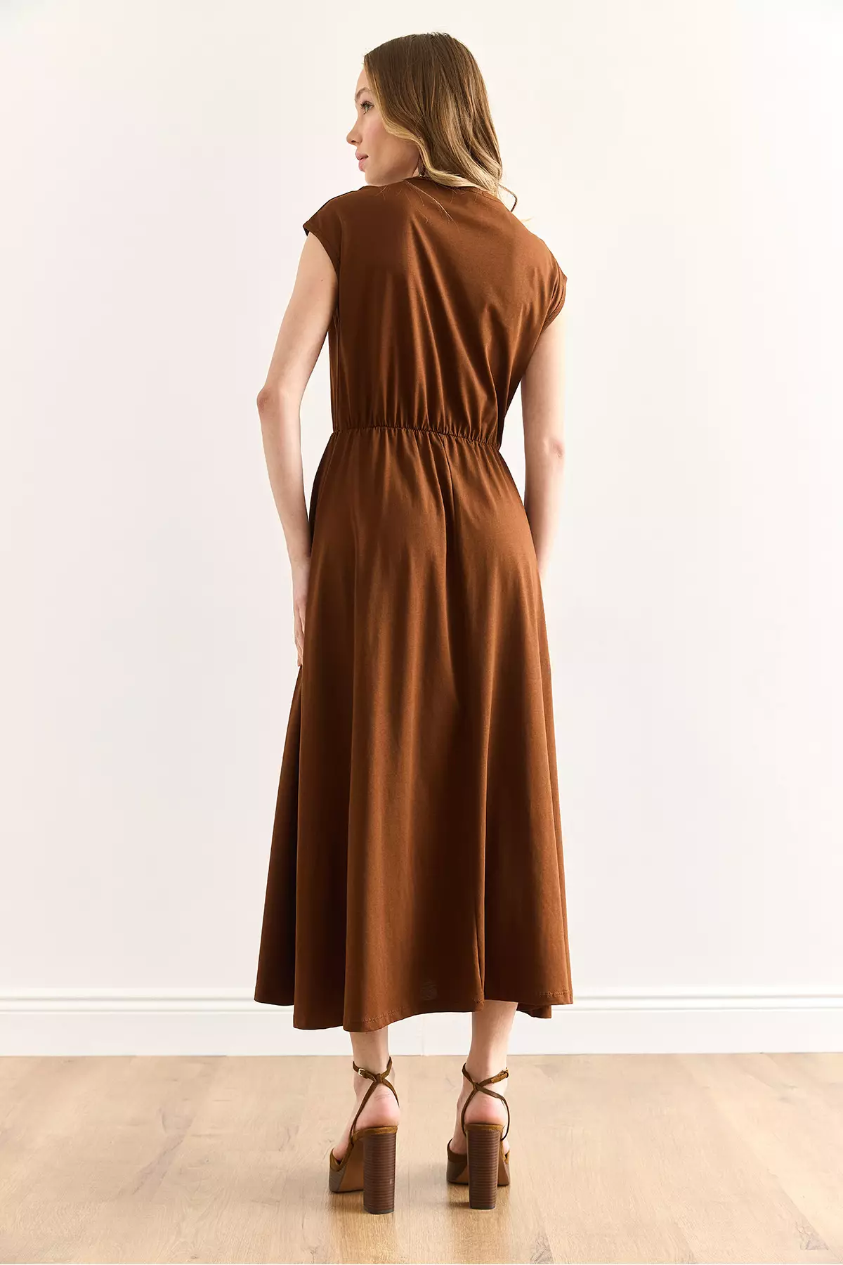 Women's Brown Elastic Waist Bat Combed Cotton Dress Elb-19001509