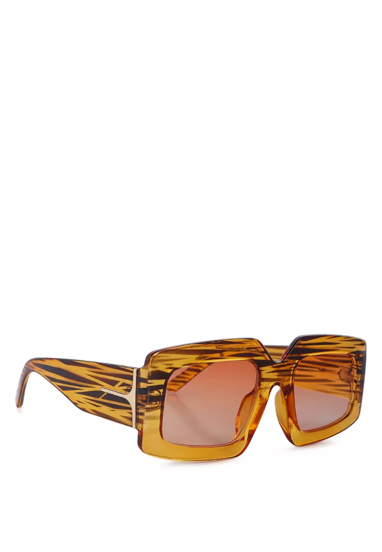 Orange Designer Stripe Square Sunglasses In Orange