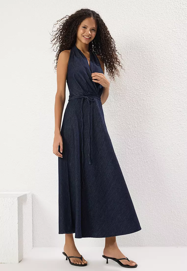 Dark Blue Skirt with Flounce Tie Detail Halter Neck Maxi Denim Dress TWOSS25EL00602