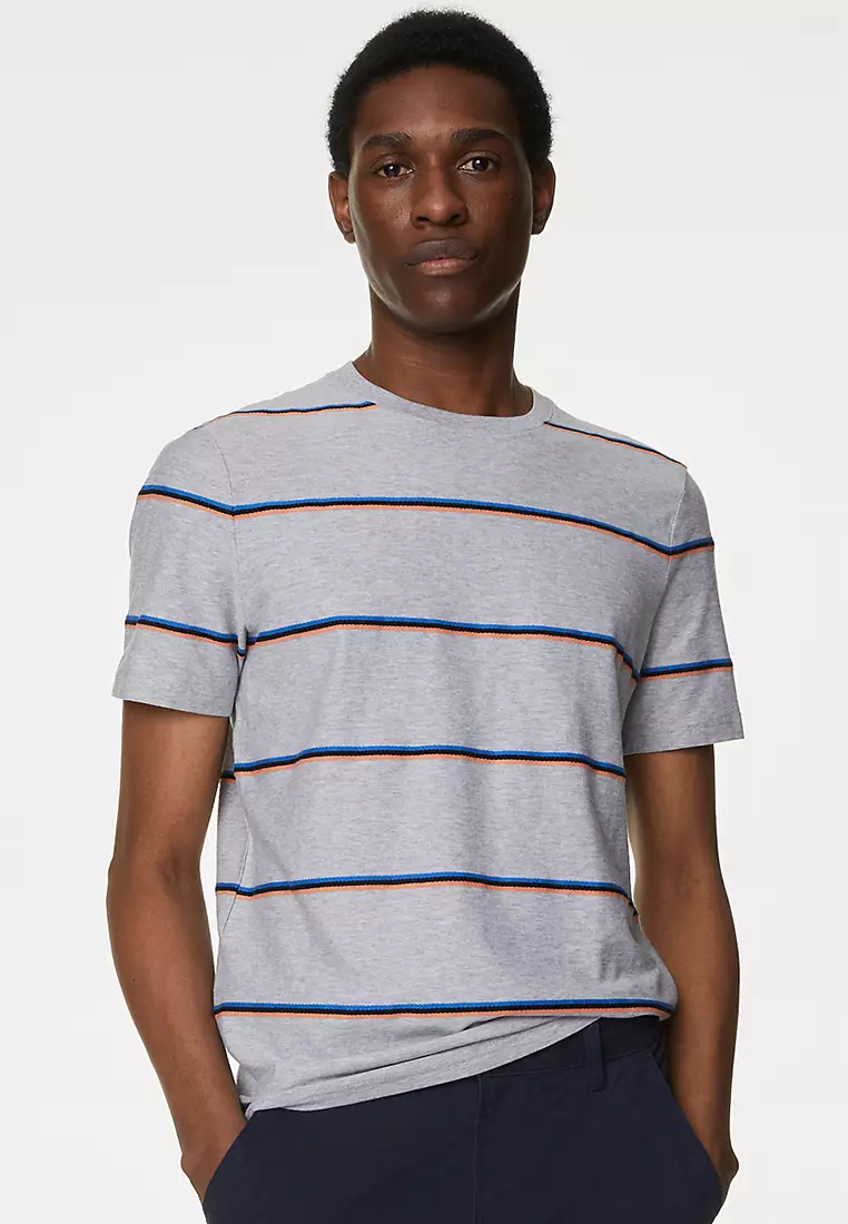 Pure Cotton Textured Striped T-Shirt