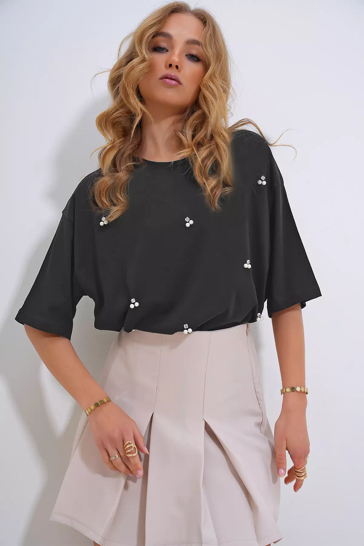 Oversize Pearl & Stone Embroidered T-Shirt