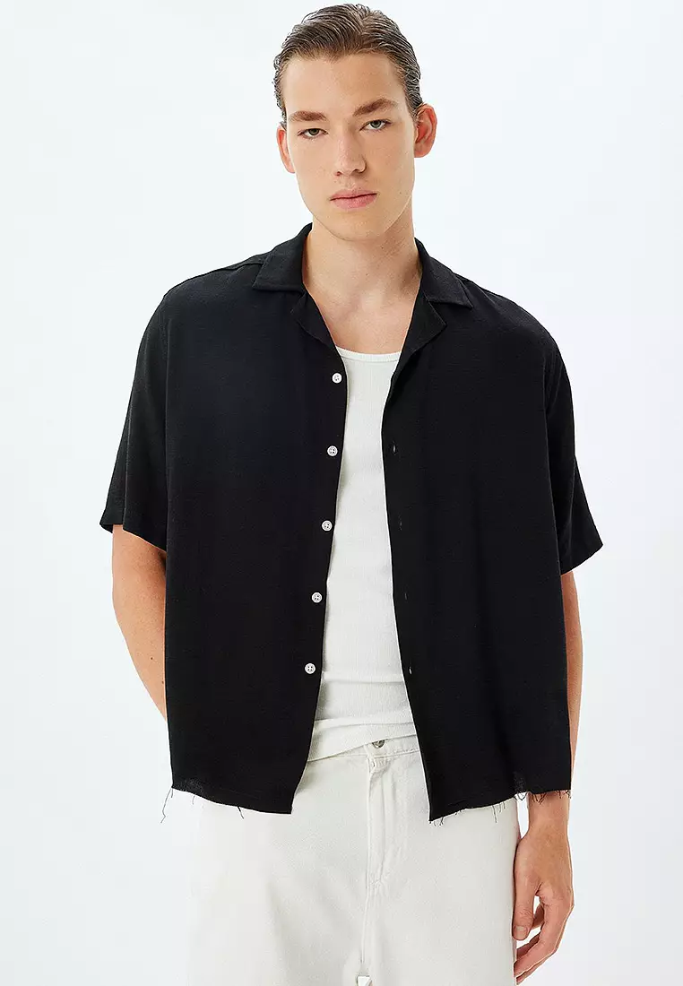 Basic Shirt Boxy Short Sleeve Buttoned Viscose Linen Blend