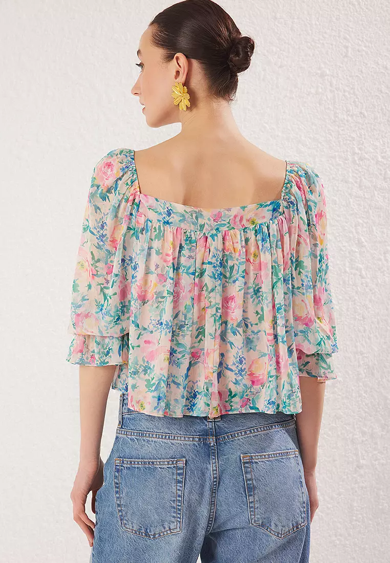 Green Chiffon Square Collar Balloon Sleeve Woven Blouse