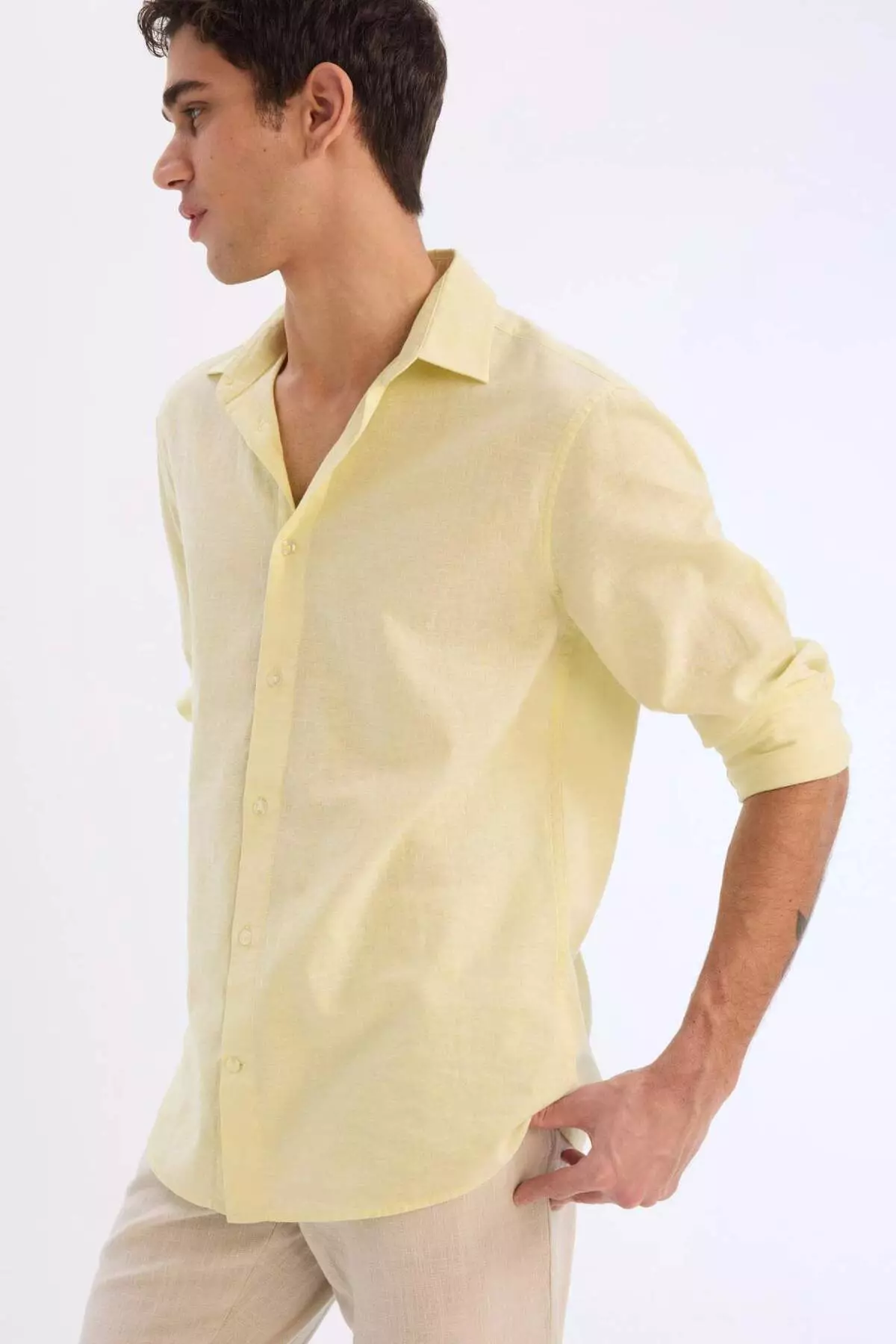 Regular Fit Polo Collar Linen Blended Summer Long Sleeve Shirt E0555Ax25Sm