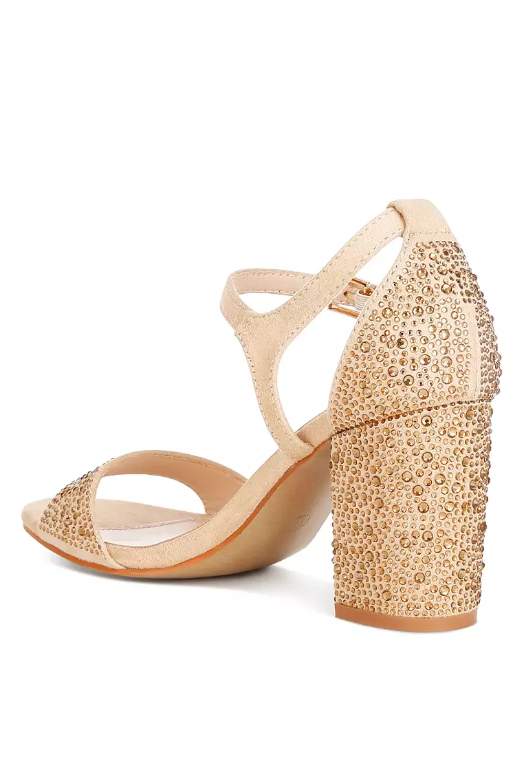 Rhinestones Embellished Sandals in Beige