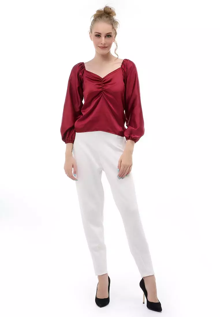 Cheva Blouse Casual Wanita Sabrina Kerut Dada Lengan Panjang Material Satin ORIGINAL - Maroon