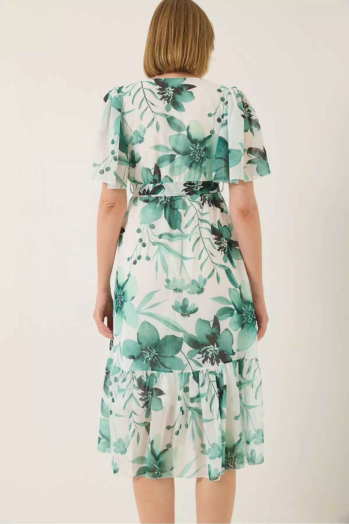 Women's Double Breasted Collar Elastic Waist Belted Lined Patterned Chiffon Dress 60283211