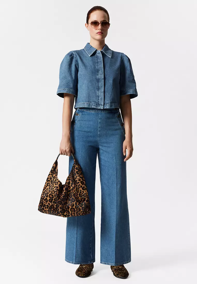 Puff-Sleeve Denim Blouse