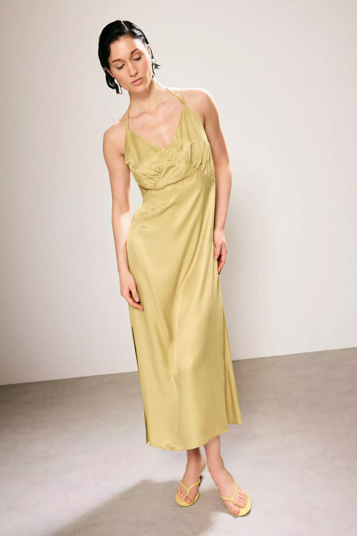 Trendyol Studio Oil Green Satin Maxi Woven Dress Twoss26El386