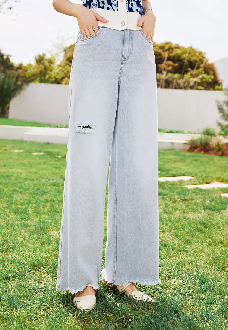 High Waist Wide Leg Denim Jeans with Ripped Hem