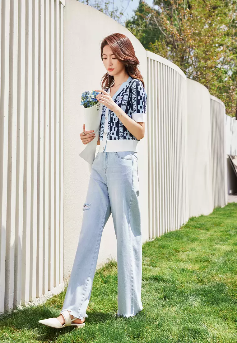 High Waist Wide Leg Denim Jeans with Ripped Hem