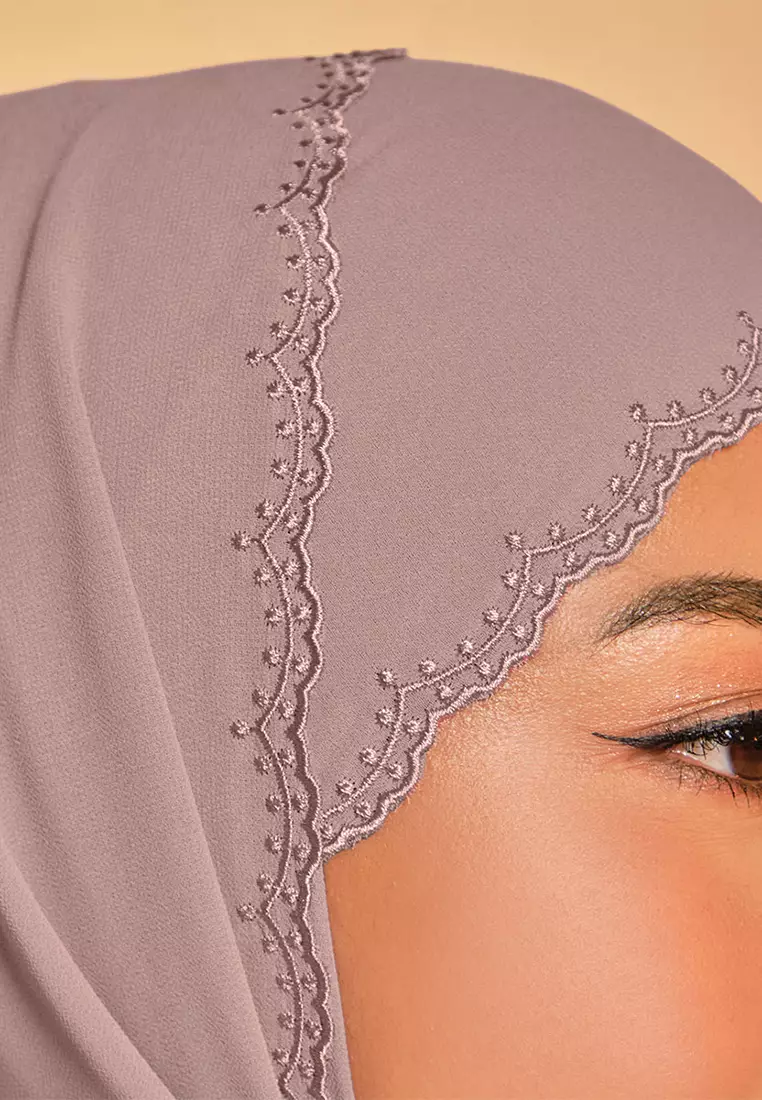 Tanuja Embroidered Scallop Headscarf - Brown Beige