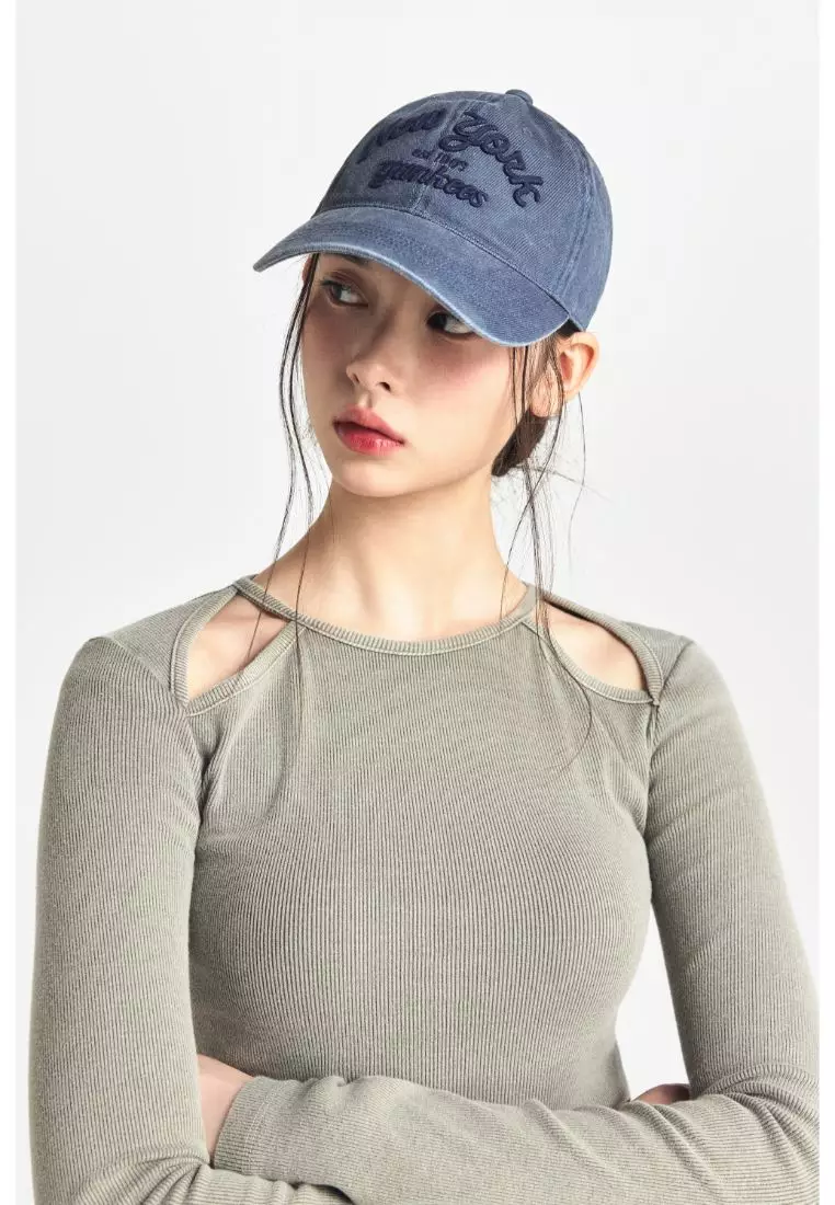 ★MLB Korea★ Varsity Culsive Lettering Denim Unstructured B Color Denim Varsity Unstructured Ball Cap New York Yankees