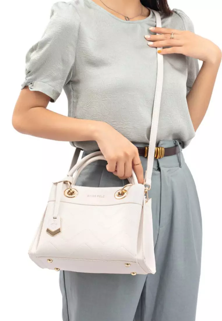 Women's Zig Zag Quilted Top Handle Bag / Crossbody Bag / Shoulder Bag - White