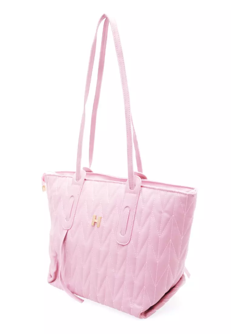 Laura Tas Kerja Wanita Tote Bag Motif Polos Large Compartment Material Leather ORIGINAL - Pink