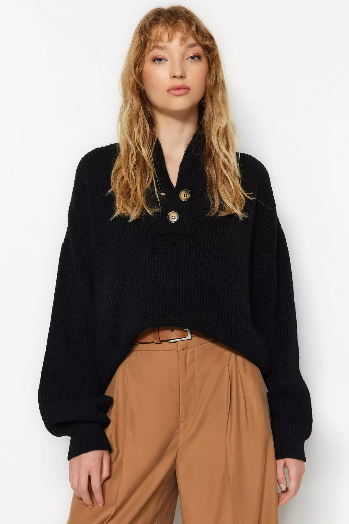 Buy Trendyol Black Wide Fit Soft Textured Sailor Collar Knitwear