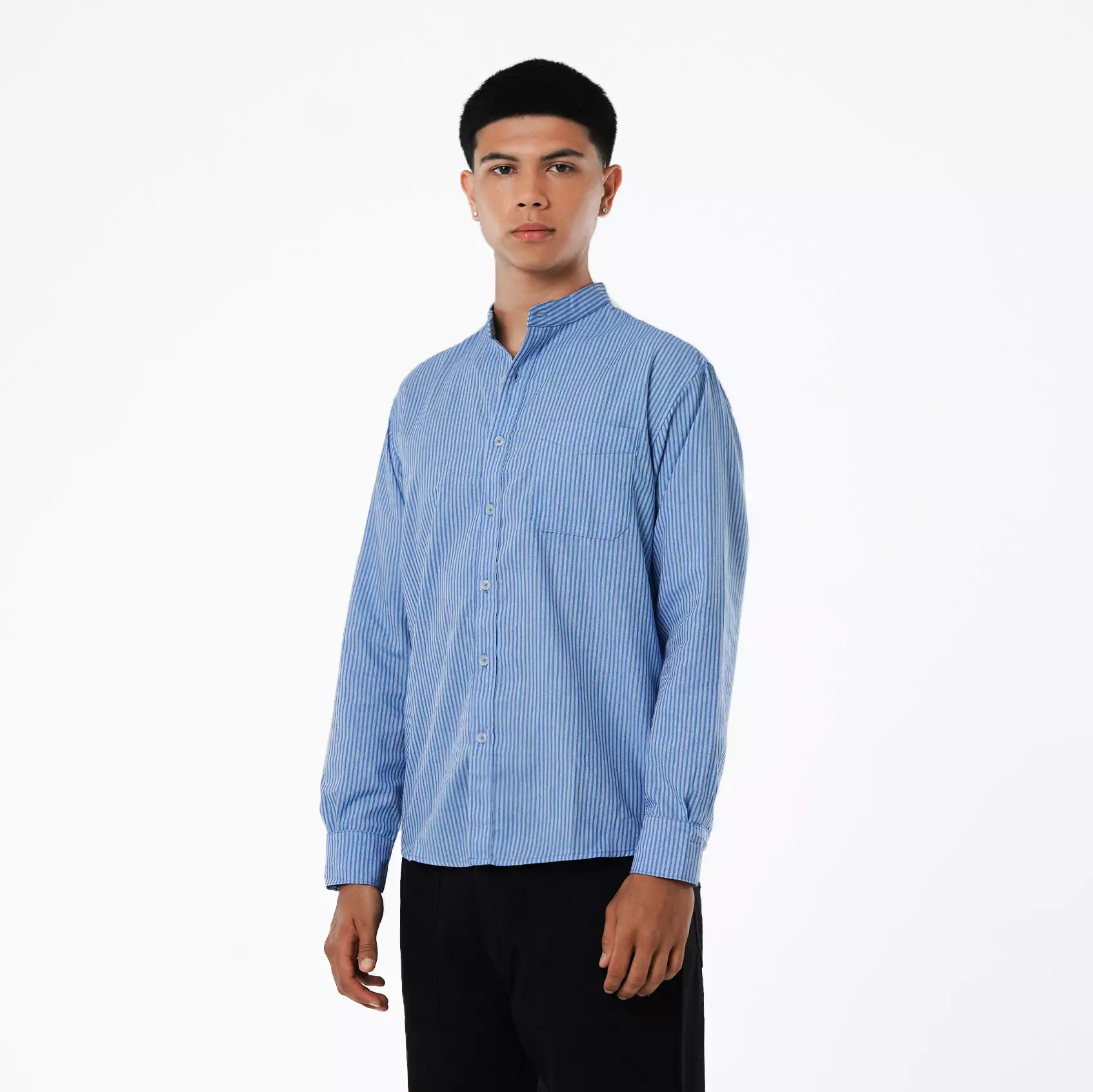 CELCIUS Round Colar Linen Kemeja Stripes LIN001762C Biru