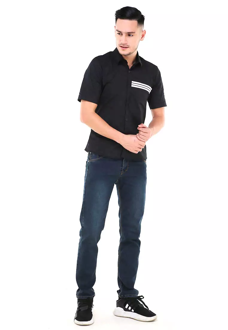 Dwan Atasan Kemeja Pria Three Lines Slim Fit Casual Shortsleeve Shirt Material Cotton ORIGINAL - Black