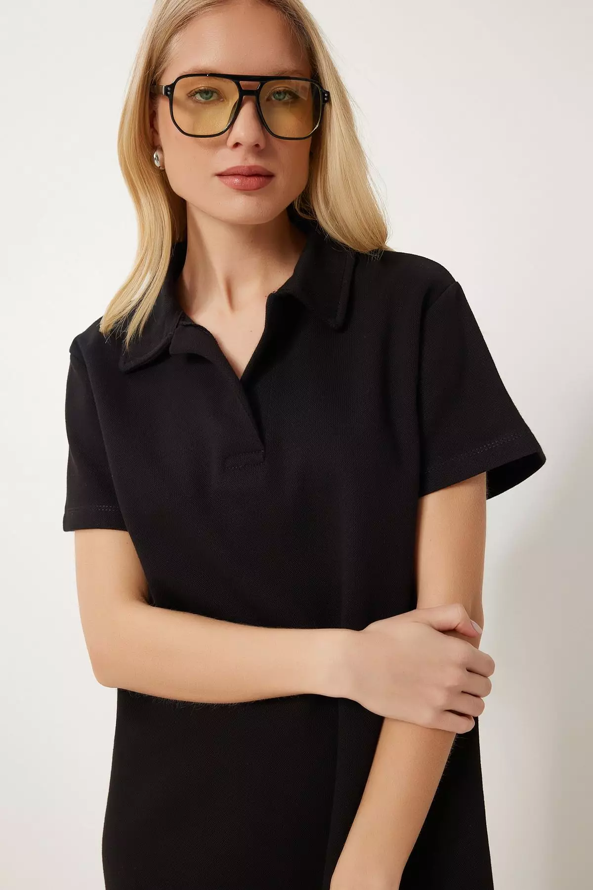 Women's Black Polo Neck Pique Knitted Mini Dress Dp00253